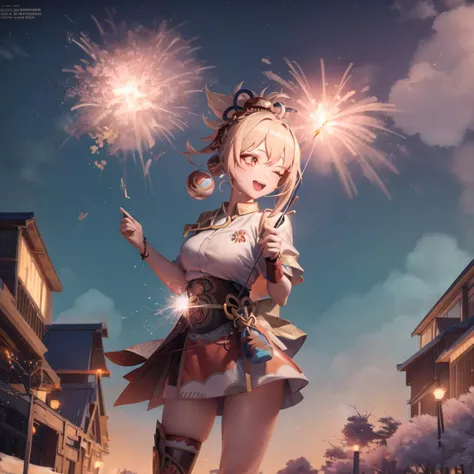 a woman in a short skirt holding a sparkler in her hand