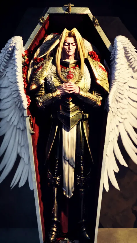 1boy, Sanguinius, The Great Angel, angelic features, feathered wings,  full body, blonde hair, (((closed eyes))), BREAK, <lora:Sanguinius MK3 by CARAXES:0.8>
sleeping, flowers, funeral, (((in_coffin))), <lora:add_detail:1> <lora:coffin:1> BREAK,
(((hands o...