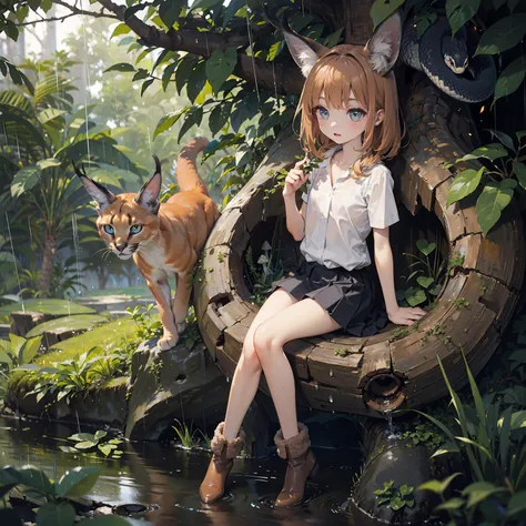 8k,4k,ultrares,highres,(masterpiece, top quality, best quality),extreme detailed,colorful,highest detailed,ultra-detailed,(highly detailed CG illustration),(Gorgeous background),ultra-fine painting,Vivid Colors,panorama view,
rainy day,A girl curled in a t...