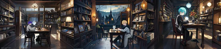 (otherworldly, otherworldly atmosphere, otherworldly appearance), highly insanely detailed, masterpiece, top quality, best quality, highres, 4k, 8k, RAW photo, a boy sitting at a table in a room filled with shelves and a cat on the floor in front of him, C...