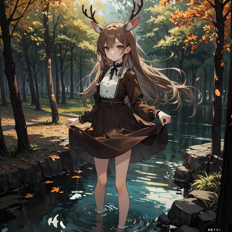 anime girl with deer horns standing in a stream of water