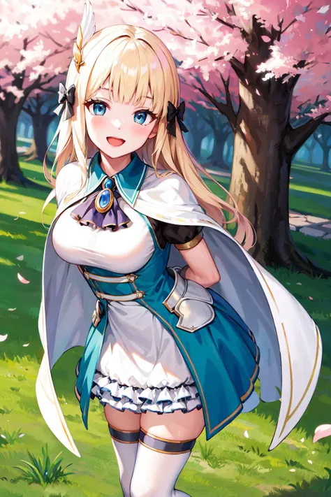 masterpiece, best quality, highres, aasaren, long hair, blonde hair, hair bow, black bow, hair ornament, blunt bangs, pointy ears, large breasts, brooch, white cape, aqua dress, underbust, short sleeves, white gloves, white skirt, frilled skirt, white thig...