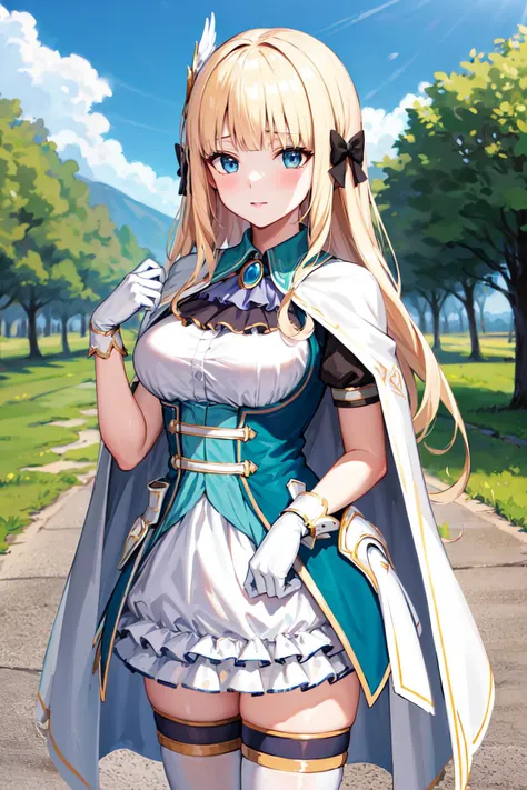 masterpiece, best quality, highres, aasaren, long hair, blonde hair, hair bow, black bow, hair ornament, blunt bangs, pointy ears, large breasts, brooch, white cape, aqua dress, underbust, short sleeves, white gloves, white skirt, frilled skirt, white thig...