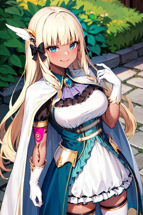 masterpiece, best quality, highres, aasaren, long hair, blonde hair, hair bow, black bow, hair ornament, blunt bangs, pointy ears, large breasts, brooch, white cape, aqua dress, underbust, short sleeves, white gloves, white skirt, frilled skirt, white thig...