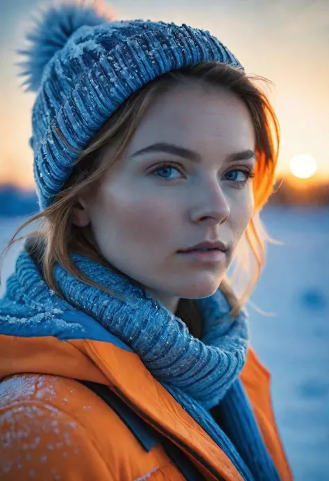 Beautiful woman between Frost art orange and blue colors
 intense, photorealistic lighting and cinematic lighting quality,  (sharp focus), backlighting, photo realistic, highly  detailed,
a colorized photo, RAW format, 8K photorealistic image, superflat, 4...