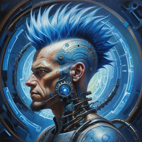 cinematic oil painting of a science fiction man with a blue mohawk and mechanical circuitry in a mystical technological swirl of plasma