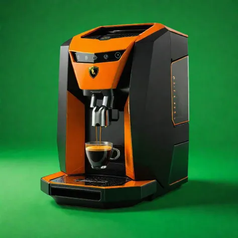 Product design, black and orange coffee machine designed by Lamborghini, green screen background