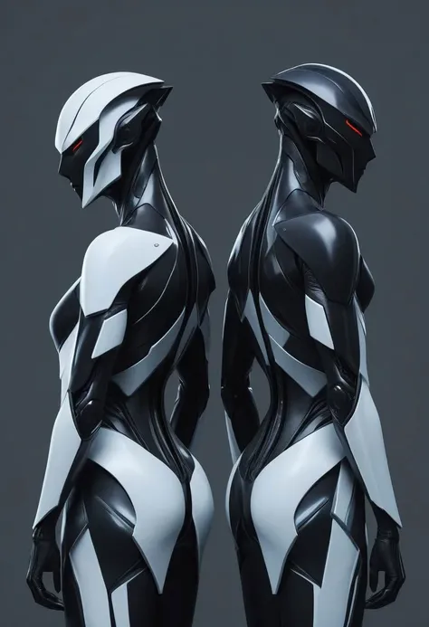 Futuristic Minimalist duality, dark simple background, yosakoi, angular, obsidian, ice, stylized, humanoid, back to back, facing opposite ways