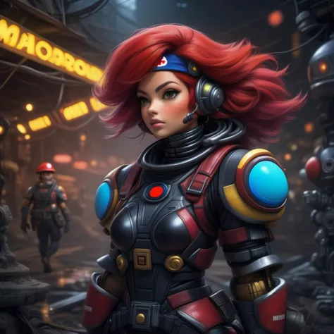 masterpiece, best quality, high quality, (mid body portrait:1.55)  action pose,walking around,cinematic,

mushroom kingkdom,((female android mario:1.6) beautiful black wired red hair woman with intricate sexy cyber astronaut armor with mario hat on:1.3) ,e...