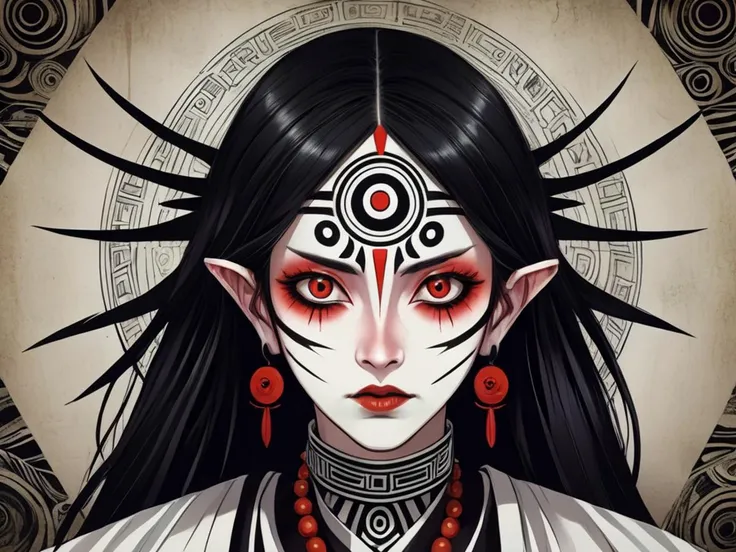 (((masterpiece, best quality, high quality))), heavily stylized, Junji Ito, portrait of an angry tribal shaman priestess, cross hatching, red and black eyes, glowing symbols in her skin, casting a spell, magic, sigil of protection,