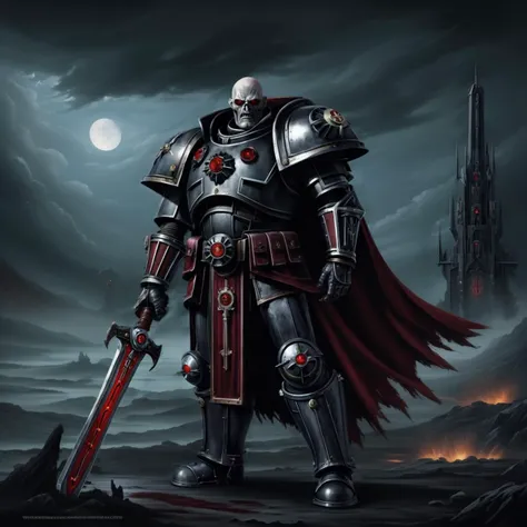 (warhammer steel gauntlet holding sword:1.4),(Warhammer 40000 art:1.4), scifi art, fantasy art, moody art,epic oil painting of Warhammer 40k Inquisitor, dark moody background, full body image