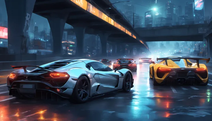 anime style drawing, cinematic action shot of a group of futuristic sports cars racing on a road under a bridge, angled action shot, motion blur, dystopian city background, ultra detailed, trash, garbage, low light, contrast, at night, sharp focus, crisp, ...