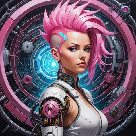 cinematic oil painting of a science fiction woman with a pink mohawk and mechanical circuitry in a mystical technological swirl of bytes