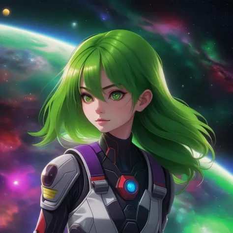 anime gundam wing  style, masterpiece, best quality, high quality, (mid body portrait:1.55)  action pose,walking around,cinematic,

galaxy sky with planets,((female green skinned alien:1.6) beautiful black red hair woman with intricate sexy cyber astronaut...