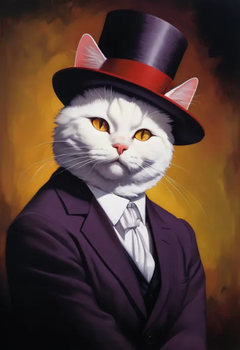 portrait, Traditional athletic Georgian The Cat in the Hat of [Darkness:Pandemonium:13], Cold Vibrant background, FOV 90 degrees, American Impressionism, spotlight, L USM, CineColor, Swirling