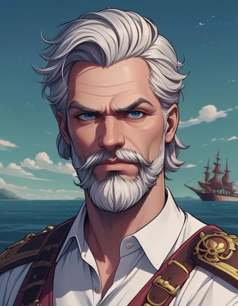 colored lineart, lineart, cel shading, anime style, best quality, masterpiece, detailed background, thick outlines, mutton chops, sailor, victorian, pirate, fantasy, rough looking man with sideburns, dockworker, white shirt, partially unbuttoned, chest hai...