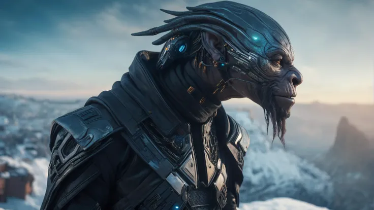 cinematic close up shot, powerful pose, intimidating look, a fantastical creature that blends the best of human, animal, and mythical traits, wearing cyberpunk outfit, science fiction building on a wintery cliff, cinematic lighting,