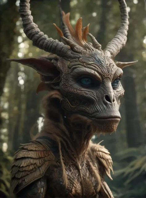 a close up of a horned creature with horns and a large head