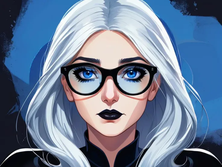 best quality, dark background, a white haired woman with thin black framed blue glasses, blue eyes, long black hair, (dark pop art:1.2), (dramatic:1.3), (artistic:1.5), (gothic:1.5), (stylized:1.2),