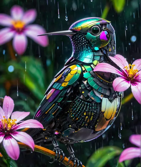 aopoa, a close up photo of a robotic hummingbird sitting on a beautiful flower, raining, reflective light, HD, masterpiece, best quality, hyper detailed, ultra detailed,