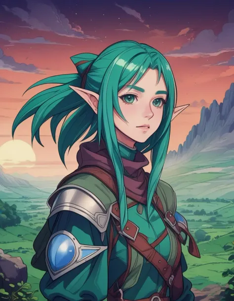 colored lineart, lineart, cel shading, anime style, best quality, masterpiece, detailed background, thick outlines, elf, elf woman with a long single braid, (pointy ears:1.9), green eyes, red hair, (armor:1.5), rogue, leather armor