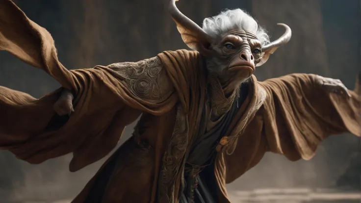 cinematic close up shot, powerful pose, intimidating look, a fantastical creature that blends the best of human, animal, and mythical traits, wearing a worn out robe, worn out old mage outfit, worn out scarfs flying in the air around the neck,