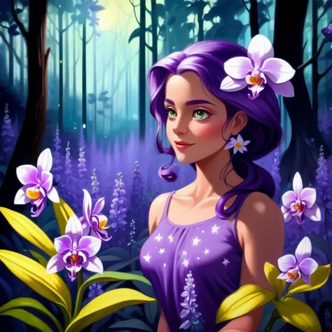 makino painting of an elf woman in a forest, flowers, orchids, marigold, violets, lavender, violets, waterfall, starry sky, botany, cinematic oil painting <lora:makinostyle:2>