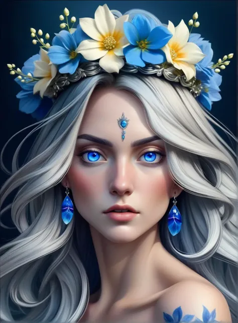 hyper-realistic portrait of a mysterious woman with flowing silver hair, piercing blue eyes, and a delicate floral crown
