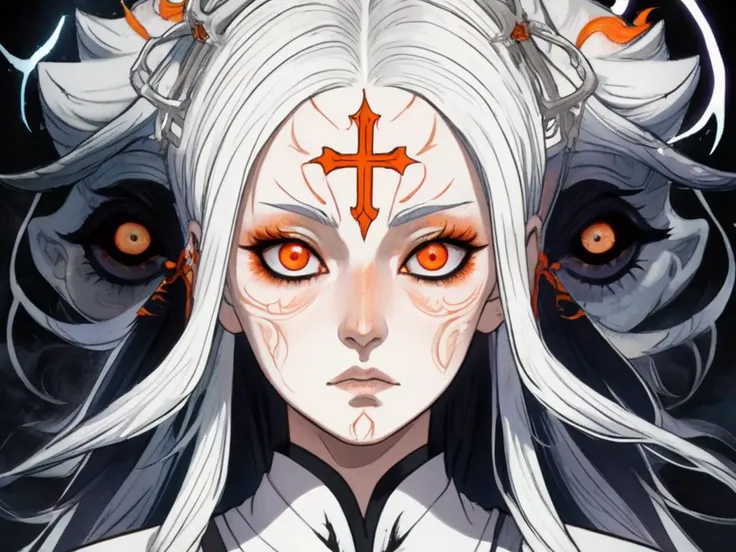 heavily stylized, Junji Ito, portrait of a distraught priestess, cross hatching, orange eyes, white hair, glowing symbols in her skin, magick, sigil of fury,