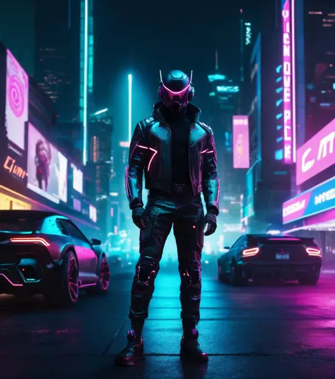 sci-fi style (a man in a futuristic suit standing in the middle of a city at night with a demon like head, Eddie Mendoza, cyberpunk style, cyberpunk art, retrofuturism:1.8), Dirty cyberpunk Alien monster, load wire, perfect proportion, Cyberpunk Edgerunner...