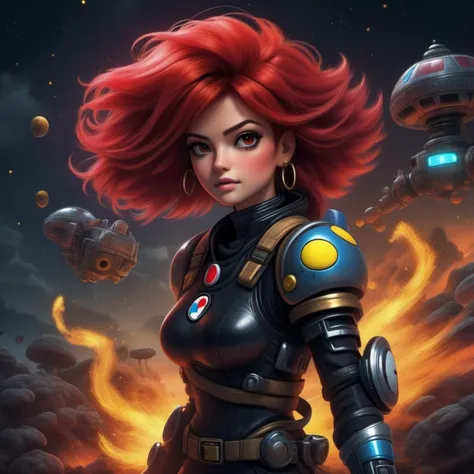 masterpiece, best quality, high quality, (mid body portrait:1.55)  action pose,walking around,cinematic,

mushroom kingkdom,((female android mario:1.6) beautiful black wired red hair woman with intricate sexy cyber astronaut armor with mario hat on:1.3) ,e...