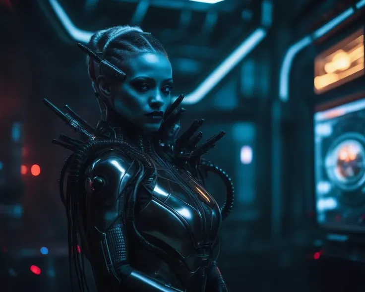 a woman in a futuristic suit stands in front of a machine