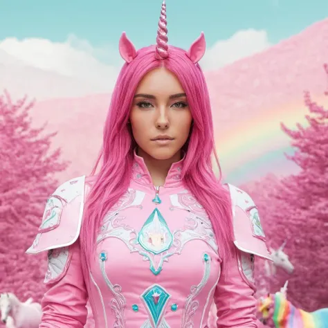 concept art photo of m4d1s0n a woman, face focus, pink hair, wearing a highly detailed pink outfit, unicorns everywhere, very fiction, rainbow land, fantasy,  <lora:Madison_Beer_SDXL_2018-2020:.9> . digital artwork, illustrative, painterly, matte painting,...