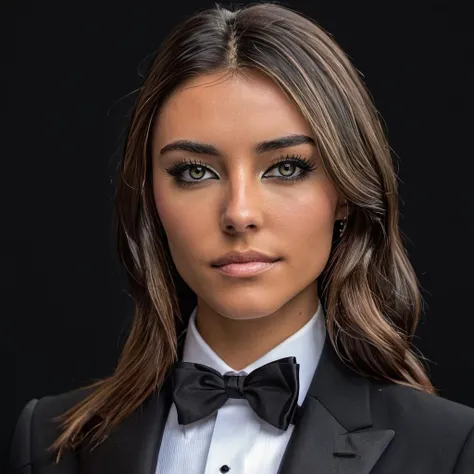 Hyperrealistic art close-up photo of m4d1s0n a woman, wearing a tuxedo, black background, looking at viewer,  <lora:mads:.9> . Extremely high-resolution details, photographic, realism pushed to extreme, fine texture, incredibly lifelike