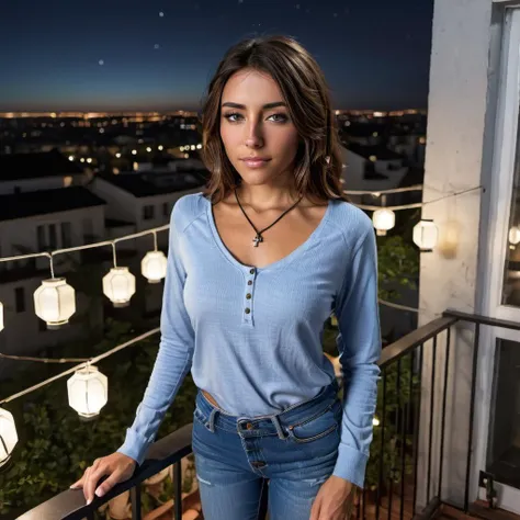 Hyperrealistic art close-up photo of m4d1s0n a woman, from above, wearing a casual outfit, on a balcony, lanterns, nighttime, looking directly at viewer, <lora:mads:.9> . Extremely high-resolution details, photographic, realism pushed to extreme, fine text...