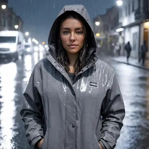 Hyperrealistic art photo of m4d1s0n a woman, wearing a gray jacket, in the rain, on a street, nighttime, lights, looking at viewer, <lora:Madison_Beer_SDXL_2018-2020:.9> . Extremely high-resolution details, photographic, realism pushed to extreme, fine tex...