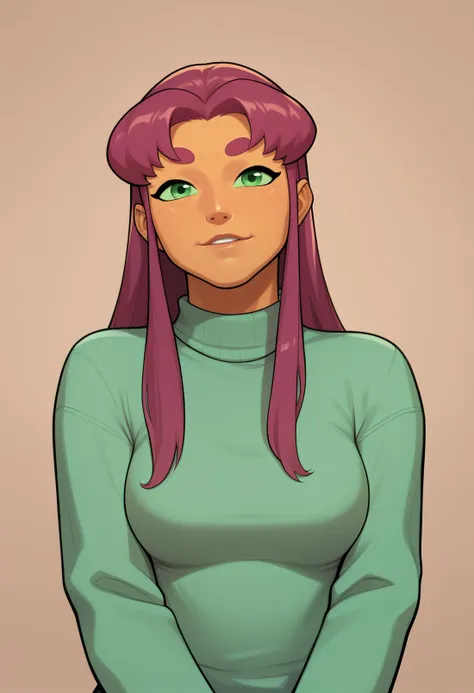 a cartoon girl with purple hair and green eyes