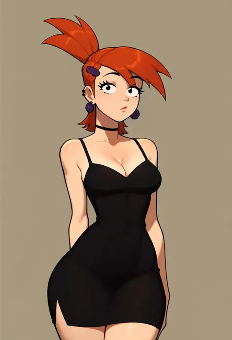 a cartoon drawing of a woman in a black dress