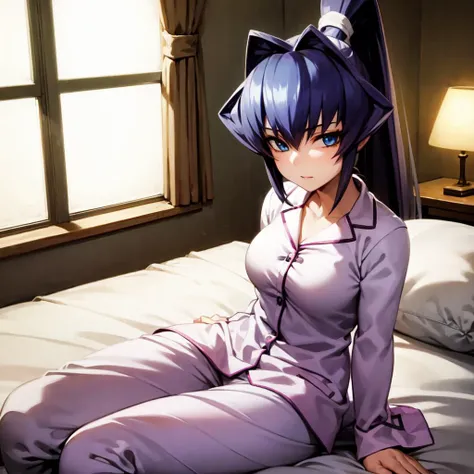 solo, Mitsurugi Meiya, blue hair, blue eyes, high ponytail, sitting on bed, night, window, lamp, pyjamas