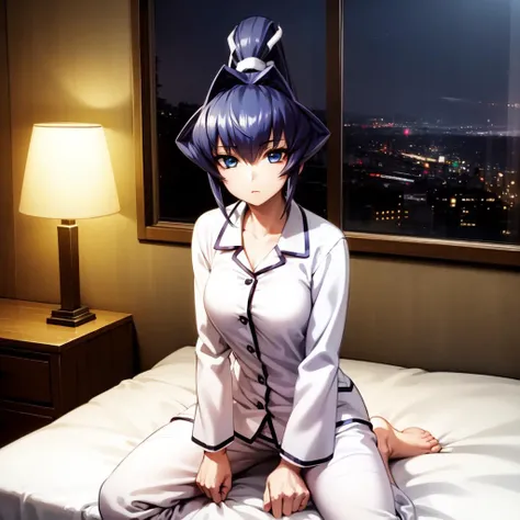 solo, Mitsurugi Meiya, blue hair, blue eyes, high ponytail, sitting on bed, night, window, lamp, pyjamas