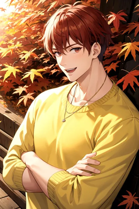 anime boy with red hair and yellow shirt sitting on a bench