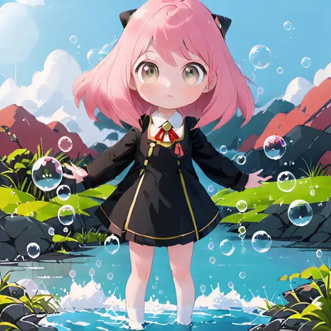 4k,a cute girl standing in water,lake,grassland,shining,surrounded by colorful bubbles,colorful,water splashing,detailed anime s...