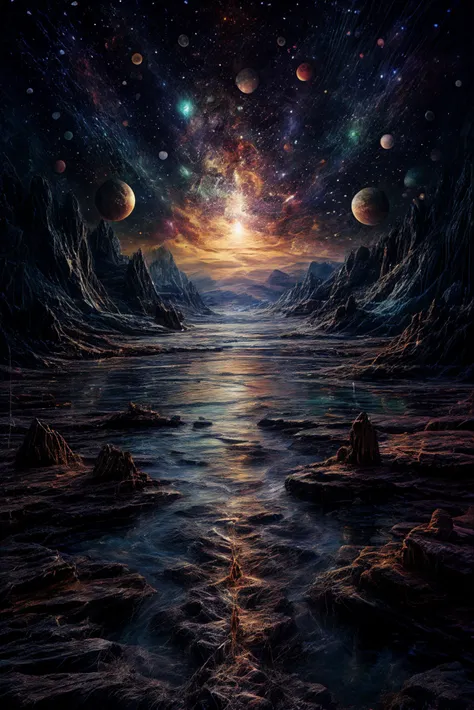 a painting of a view of a body of water with planets in the background