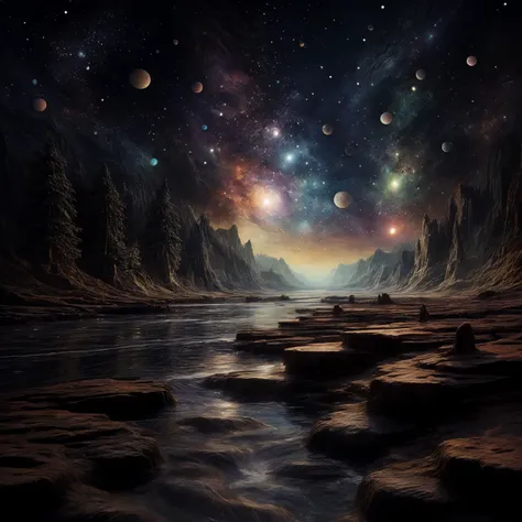 a painting of a river running through a rocky valley under a starr sky