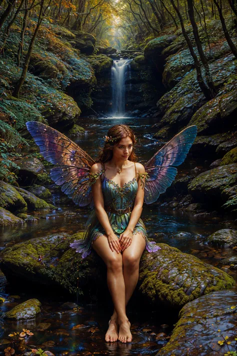 (photorealistic:1.4), hyperrealistic, intricate, sharp focus, cinematic lighting, 8K UHD BREAK photo of a woman sitting next to a river in a forest, (edgFae, fairy wings), choker, headband, hip belt BREAK disheveled Caramel Brown hair BREAK [by greg rutkow...