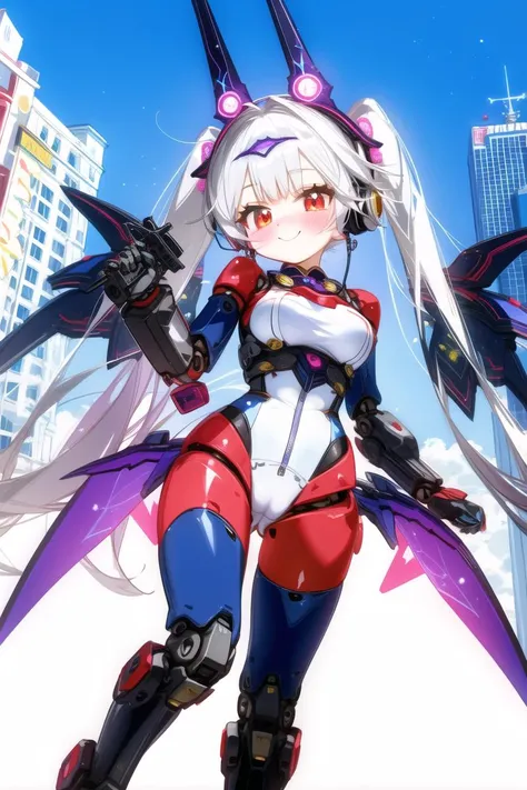 outdoors,city,1girl,(cute:1.5),character doll,mecha musume,white theme,solo,soft skin,medium breasts,(bodysuit),cute pose,<lora:doll_joints_v0.1:1>,(doll joints:1.2),(big eyes:1.3),white hair,twintails,headgear,long hair,cameltoe,girdling,standing,(red eye...