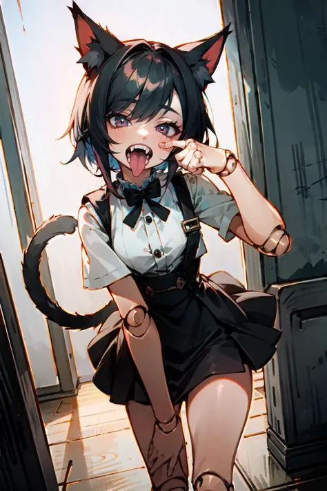 girl,cat ears, cat tail, masterpiece, best quality, <lora:doll_joints_v0.1:1> (doll joints:1.25) ,<lora:mouth_pull:1> mouth_pull,open_mouth,finger_in_own_mouth,fangs,tongue,tongue_out