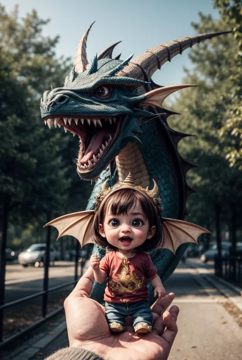 a close up of a person holding a doll with a dragon on it