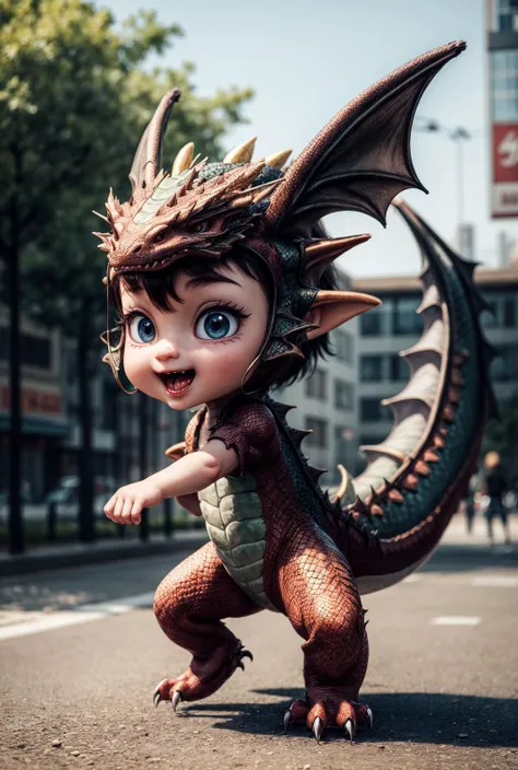 a close up of a small child with a dragon costume