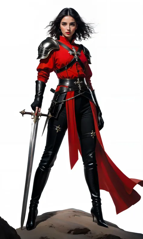 a woman in a red coat and black pants holding a sword